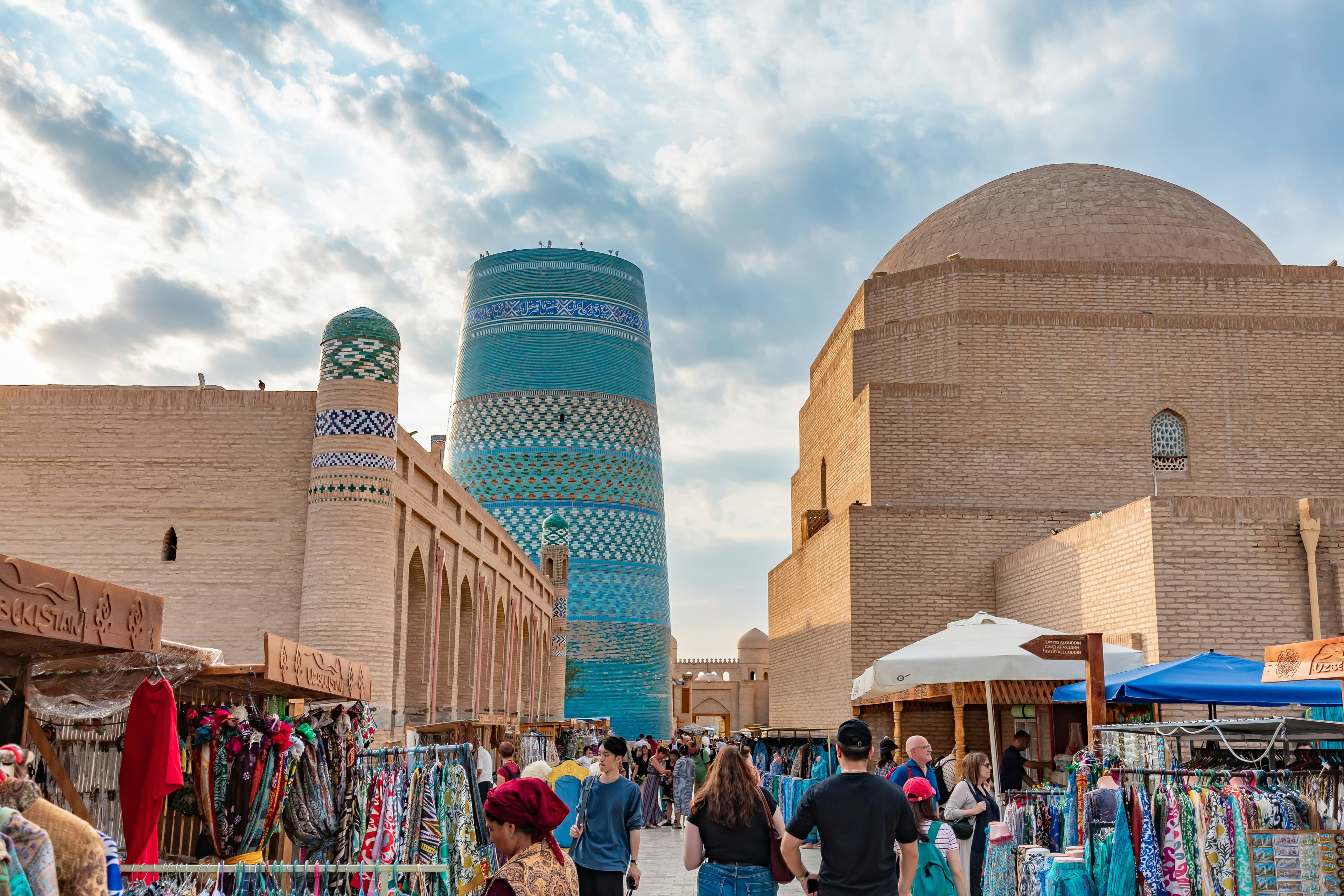 Historic architecture and market scene in Uzbekistan
