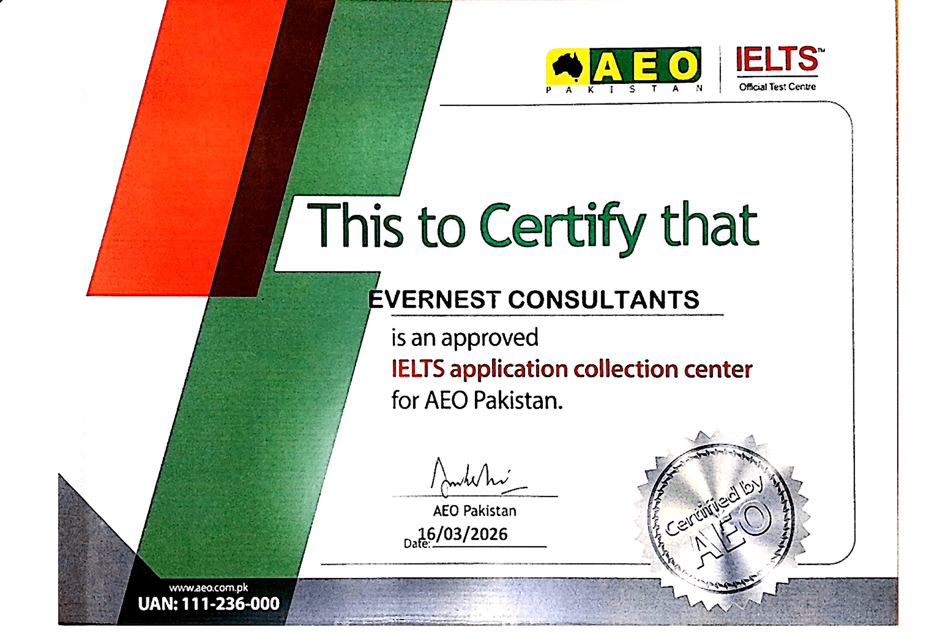 AEO IELTS Certified Collection Partner certificate